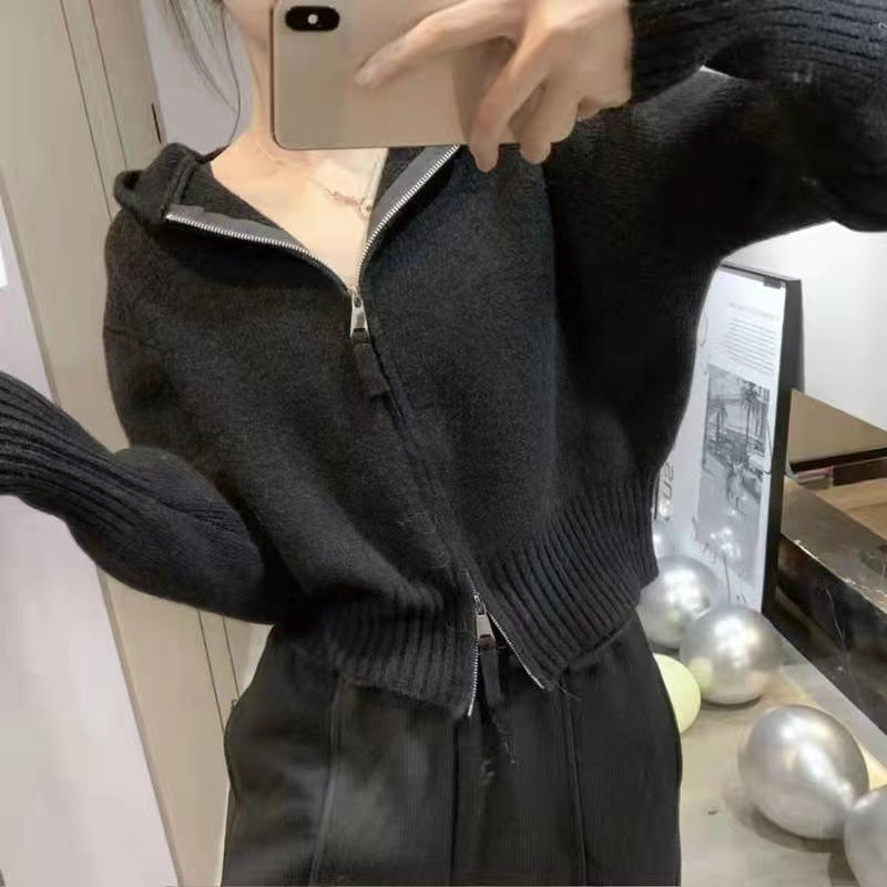 Casual Double Zippered Short Knitted Hoodies Sweaters-Shirts & Tops-Black-One Size-Free Shipping at meselling99
