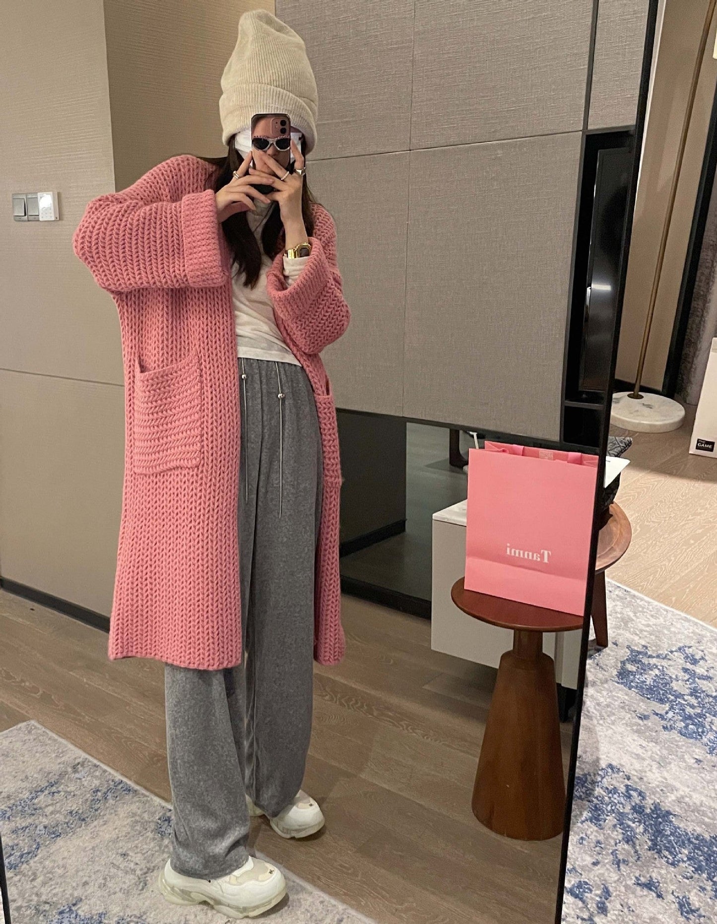 Casual Knitted Midi Length Top Coats-Outerwear-Pink-One Size-Free Shipping at meselling99