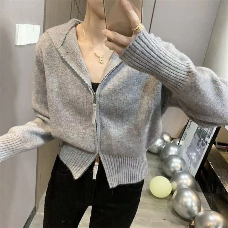 Casual Double Zippered Short Knitted Hoodies Sweaters-Shirts & Tops-Free Shipping at meselling99