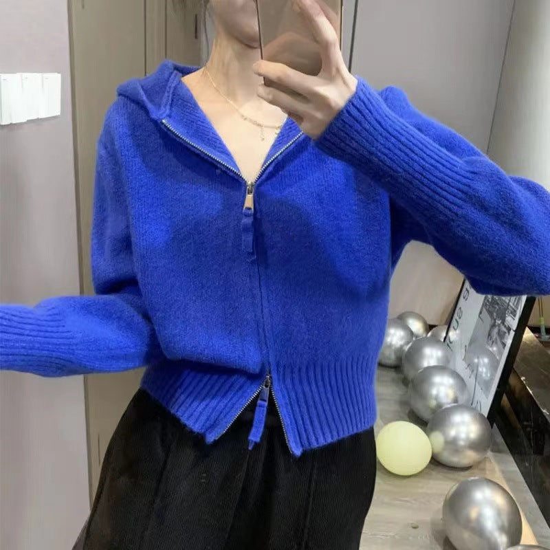 Casual Double Zippered Short Knitted Hoodies Sweaters-Shirts & Tops-Blue-One Size-Free Shipping at meselling99