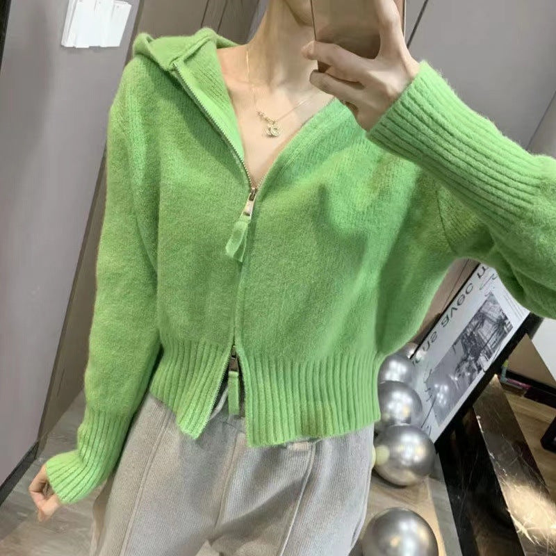 Casual Double Zippered Short Knitted Hoodies Sweaters-Shirts & Tops-Green-One Size-Free Shipping at meselling99